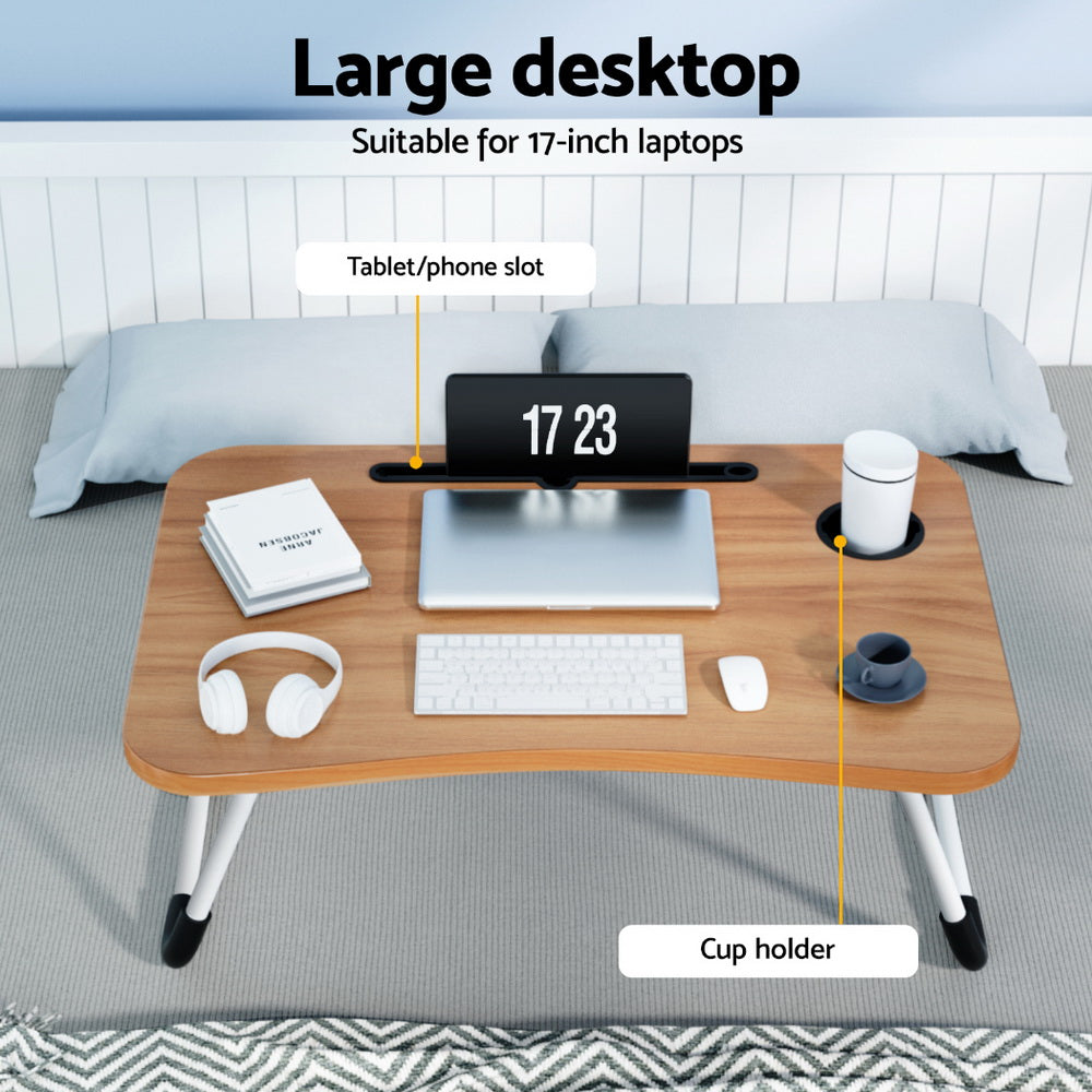 Artiss Oak Foldable Laptop Desk Table with Cup Holder