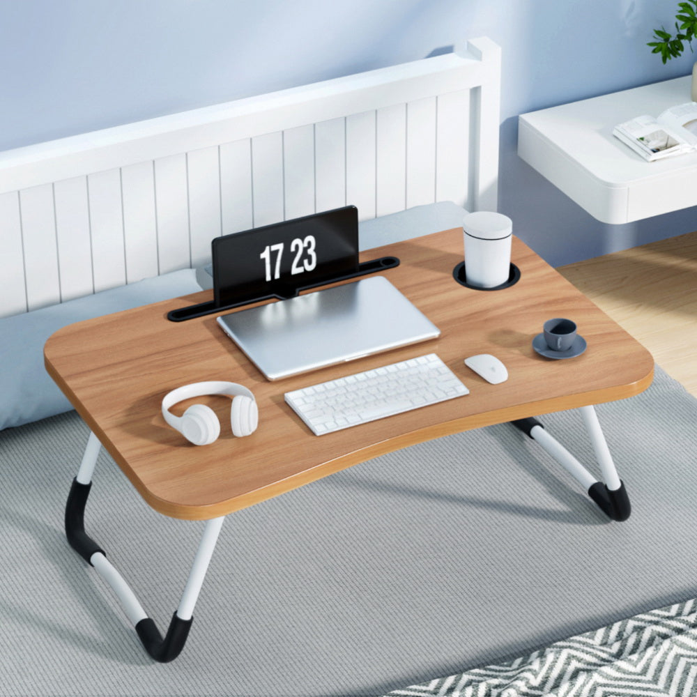 Artiss Oak Foldable Laptop Desk Table with Cup Holder