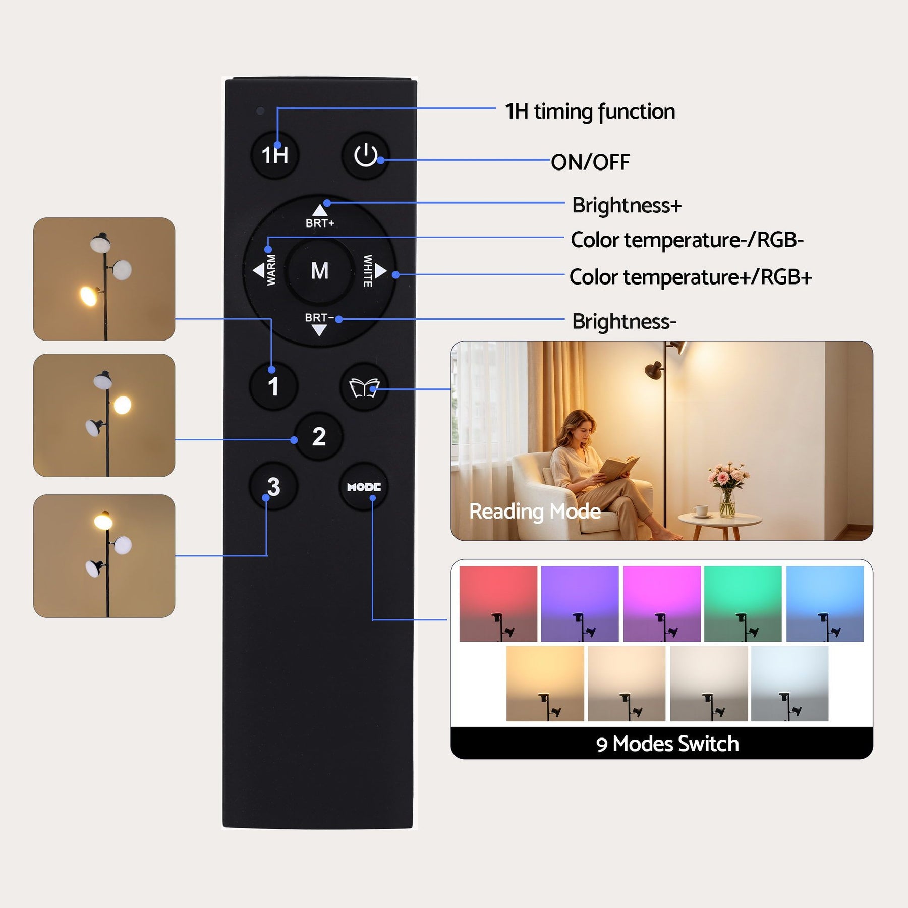 Artiss 3-Head RGB LED Floor Lamp with Remote
