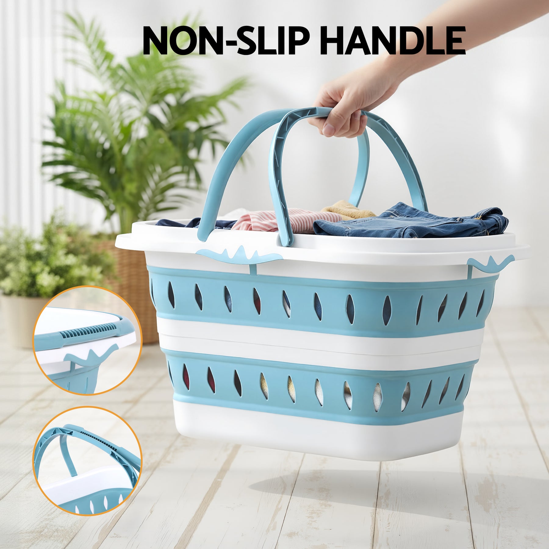 Artiss Foldable Laundry Basket – Blue & White with Non-Slip Handles