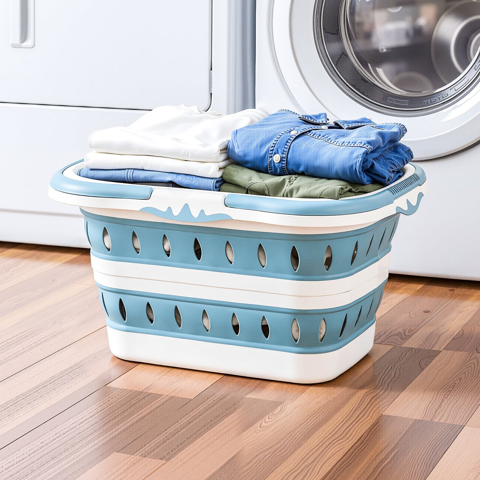 Artiss Foldable Laundry Basket – Blue & White with Non-Slip Handles
