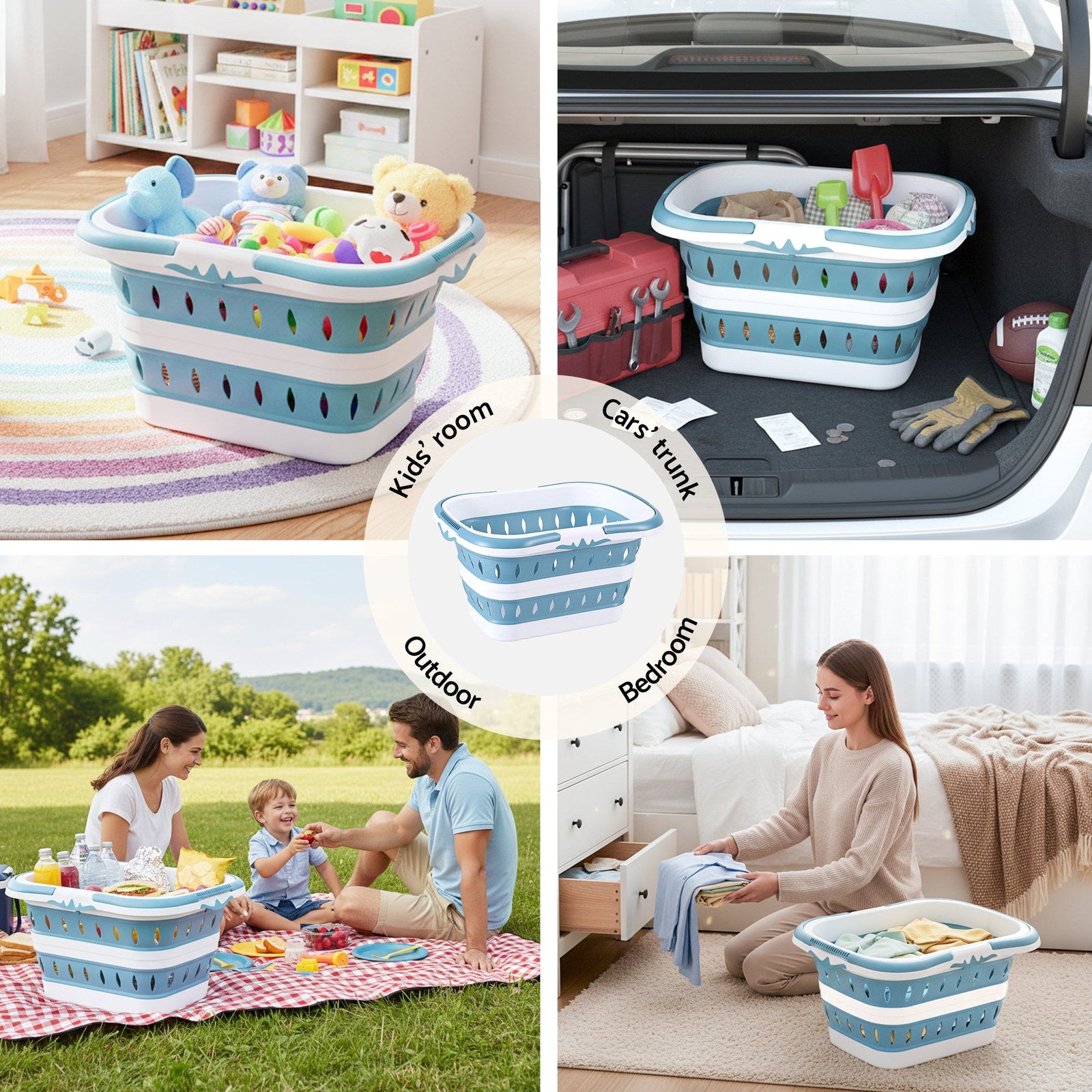 Artiss Foldable Laundry Basket – Blue & White with Non-Slip Handles