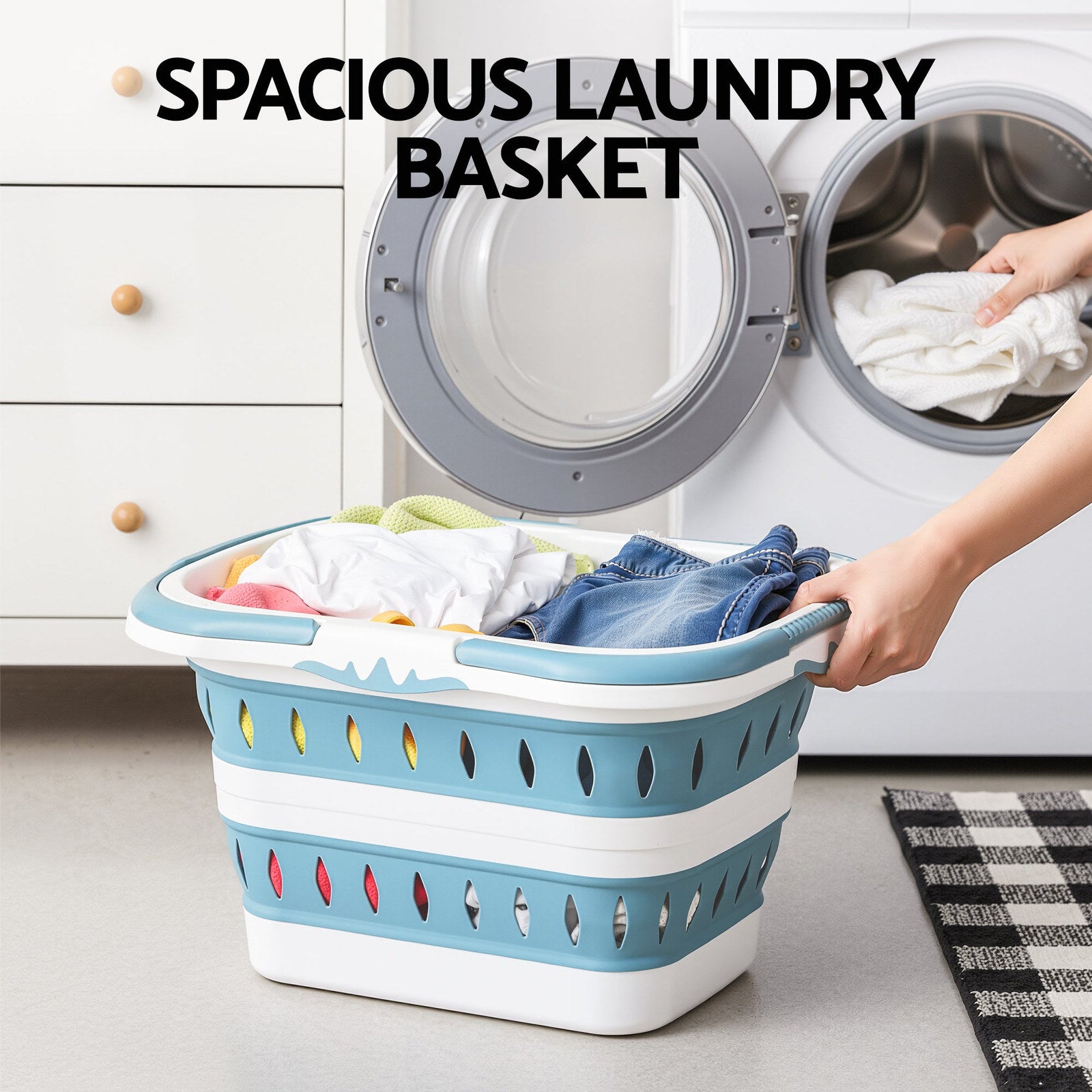 Artiss Foldable Laundry Basket – Blue & White with Non-Slip Handles