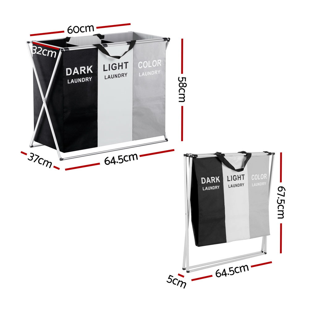 Artiss Laundry Basket Hamper 3 Sections Large Foldable Storage 64.5cmx37cmx58cm - SuperSaverAU - view 2