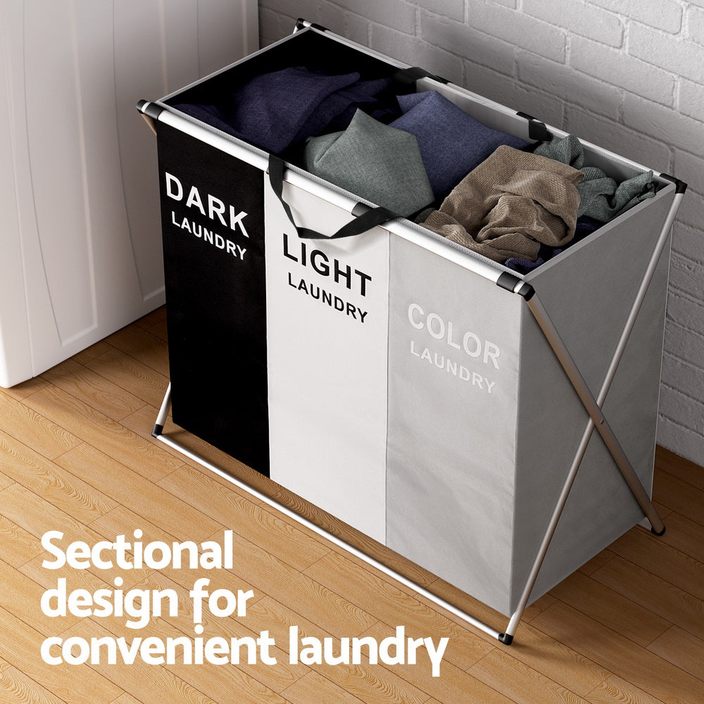 Artiss Laundry Basket Hamper 3 Sections Large Foldable Storage 64.5cmx37cmx58cm - SuperSaverAU - view 4