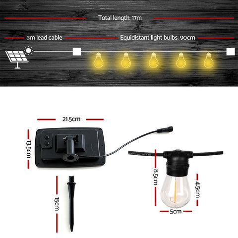 Premium Solar Festoon String Lights with 15 S14 Bulbs - 17m