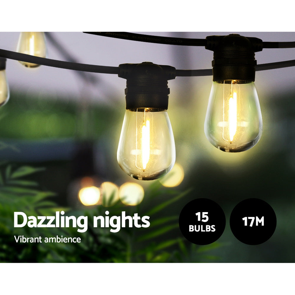 Premium Solar Festoon String Lights with 15 S14 Bulbs - 17m