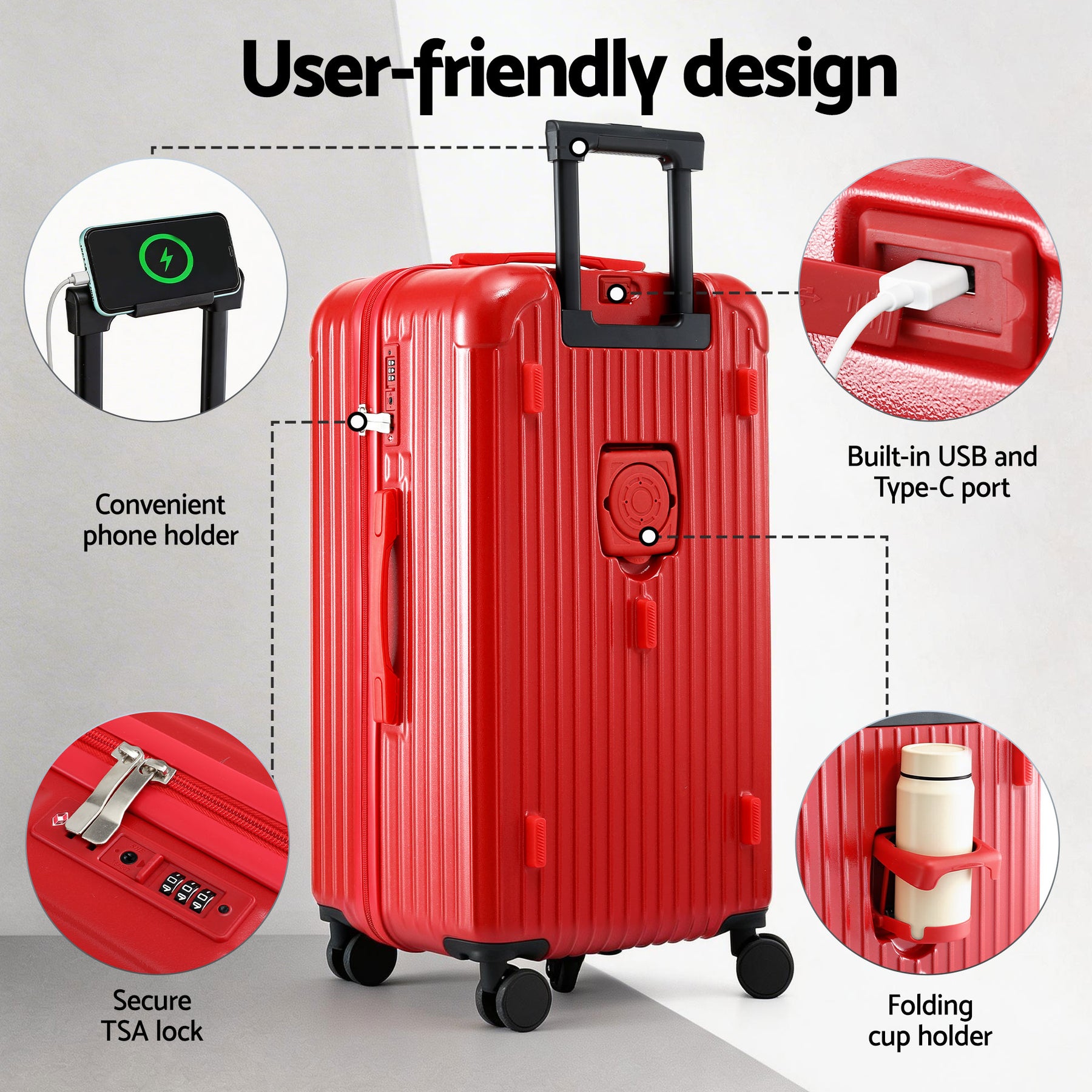 Wanderlite 28 Inch Trunk Luggage – Red 90L, TSA Lock & Type-C Port