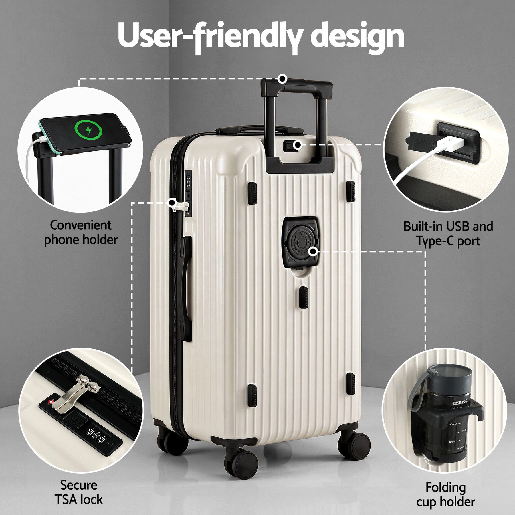 Wanderlite 28 Inch Trunk Luggage – Smoky White, TSA Lock & Type-C Port, 90L
