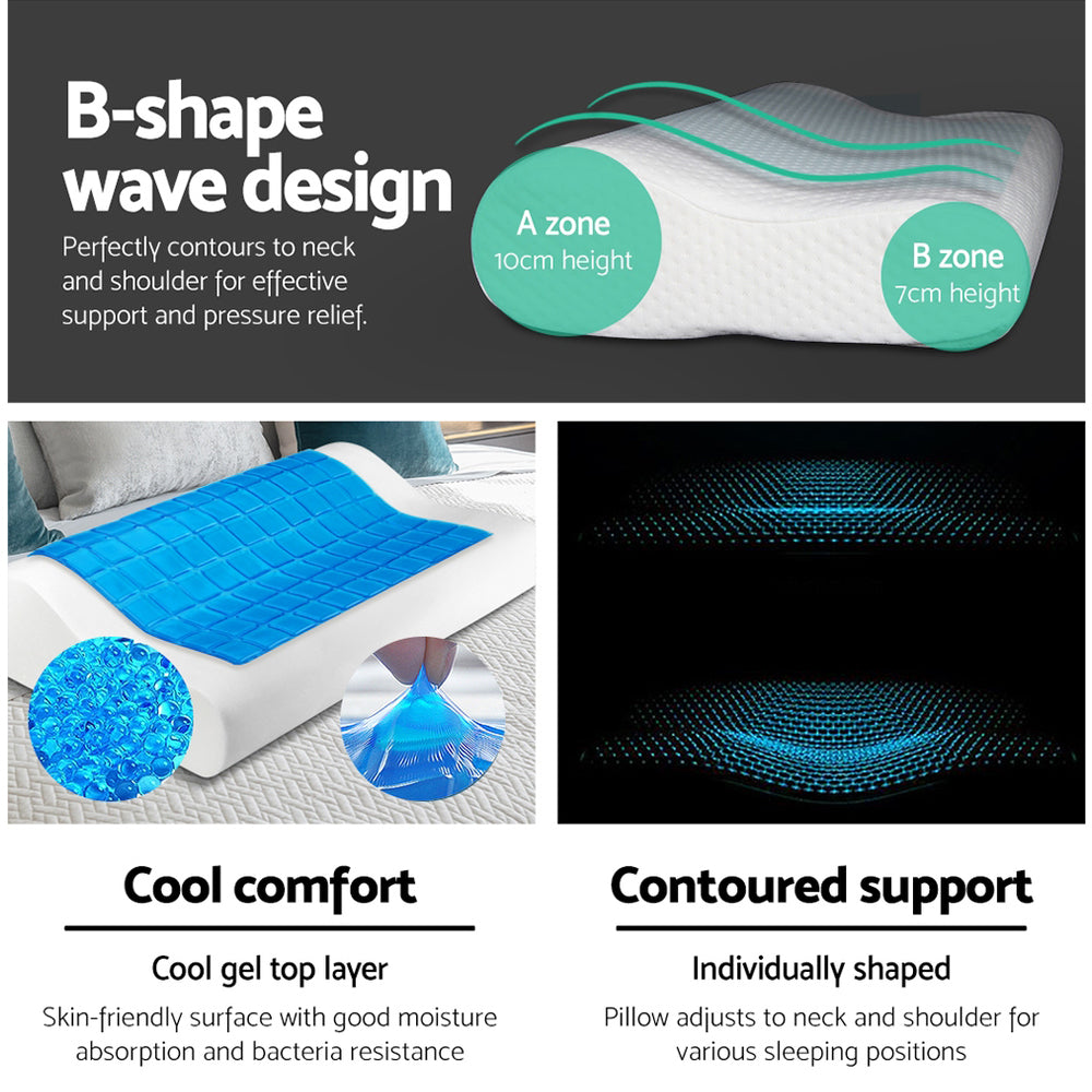 Giselle Bedding 2 x Cool Gel Top Memory Foam Pillows 50cm x 30cm x 10/8cm