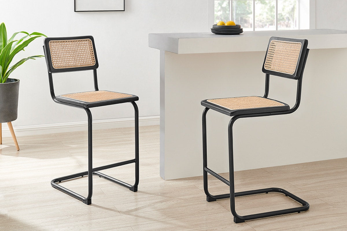 Set of 2 Matt Blatt Marcel Breuer Cesca Counter Stools Replica (Black/Rattan)