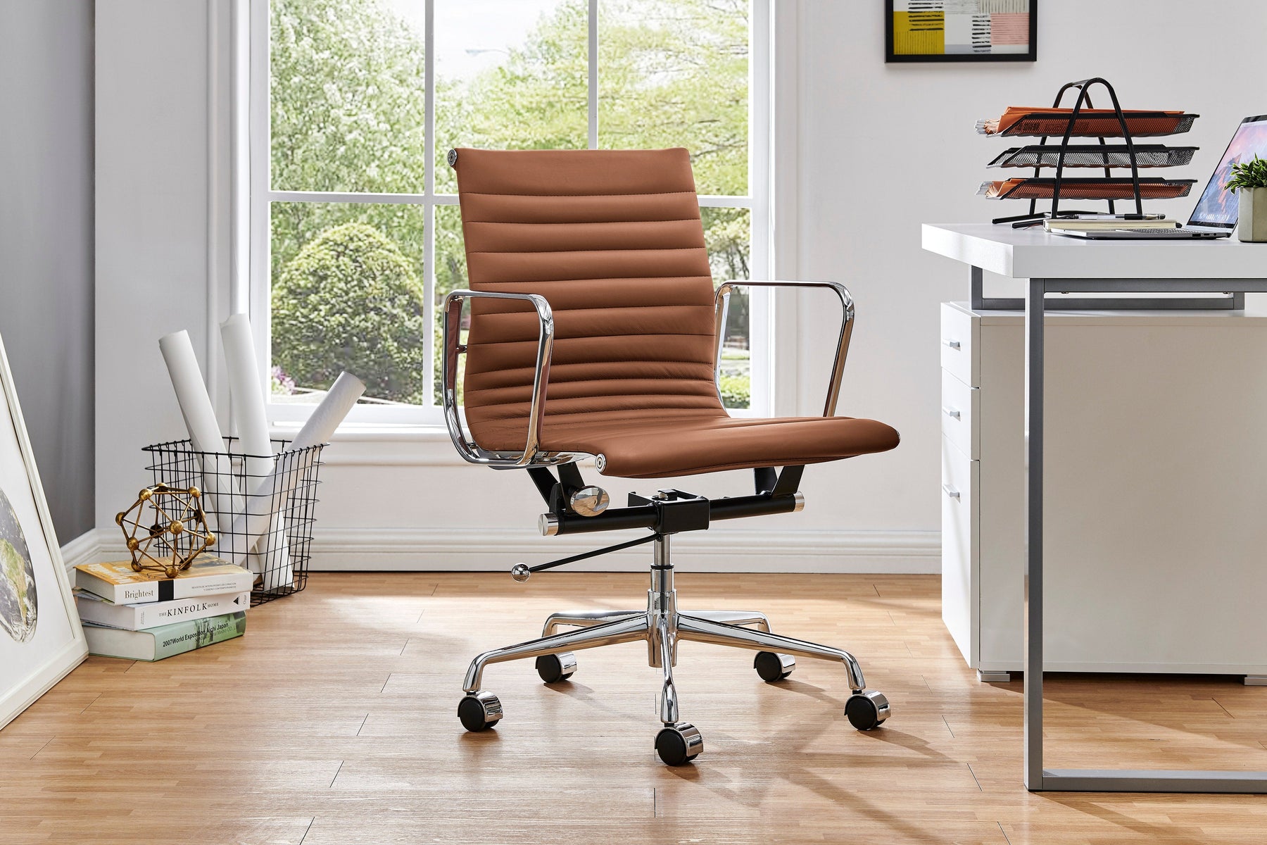 Matt Blatt Eames Premium Replica Low Back Office Chair Genuine Leather (Tan/Chrome)