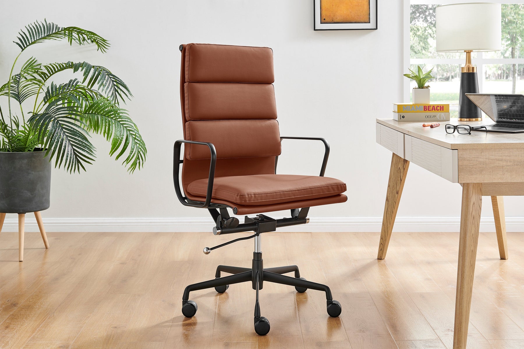 Matt Blatt Eames Premium Replica High Back Soft Pad Office Chair Genuine Leather (Tan/Black)