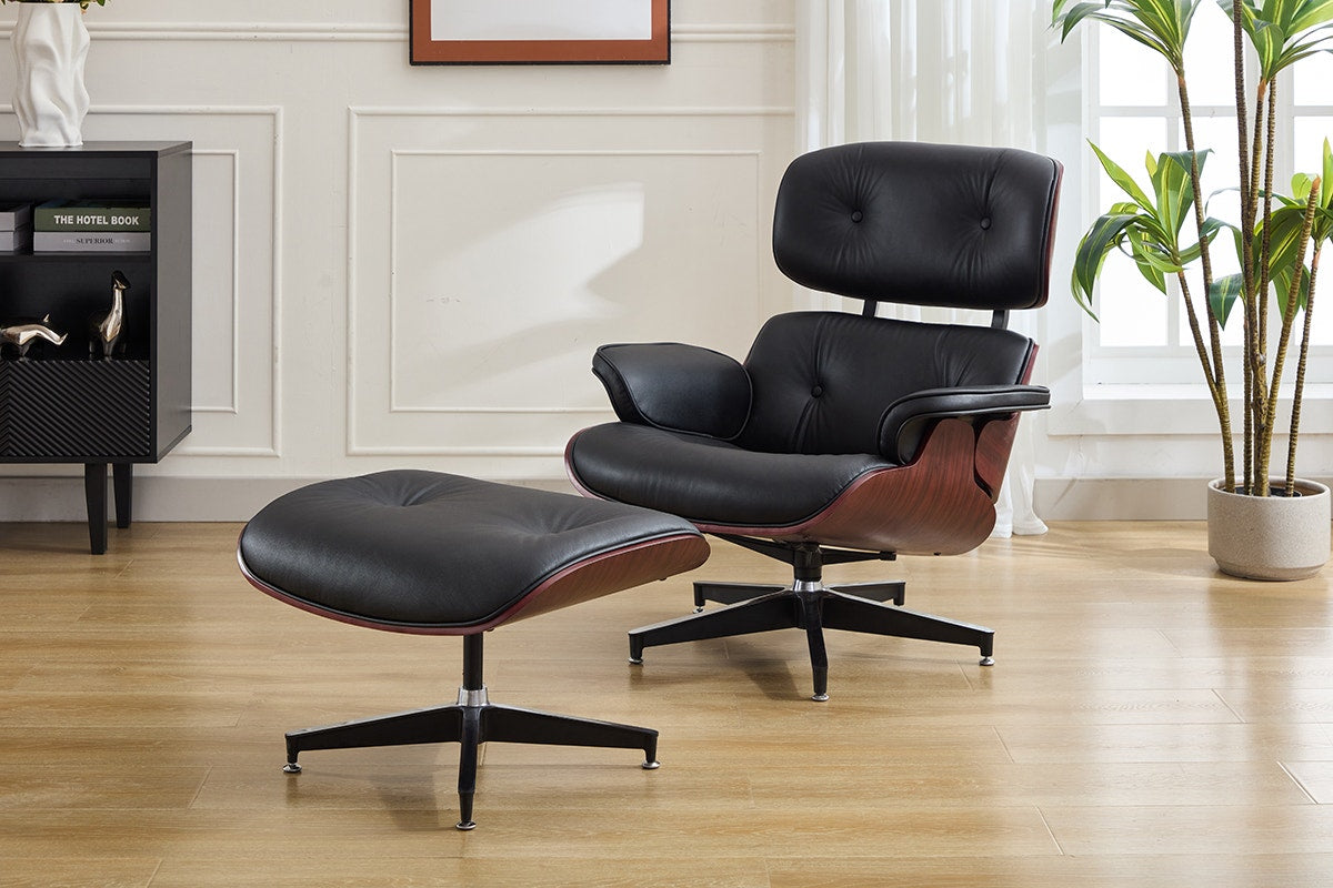 Matt Blatt Eames Premium Replica Leather Lounge Chair and Ottoman (Black Leather/Rosewood)