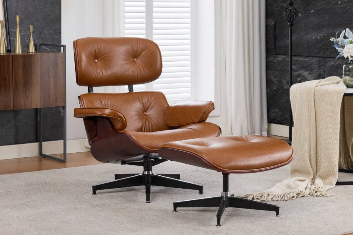 Matt Blatt Eames Premium Replica Leather Lounge Chair and Ottoman (Tan Leather/Rosewood)