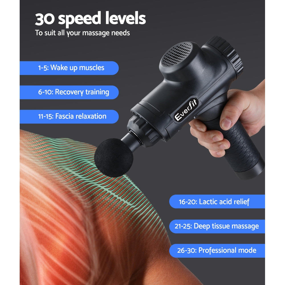 Everfit Massage Gun 30 Speed 6 Heads Vibration Muscle Massager Chargeable Black - SuperSaverAU - view 6