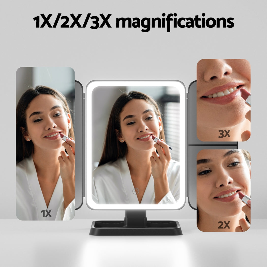 Embellir Black LED Tri-Fold Makeup Mirror 1X 2X 3X Magnification