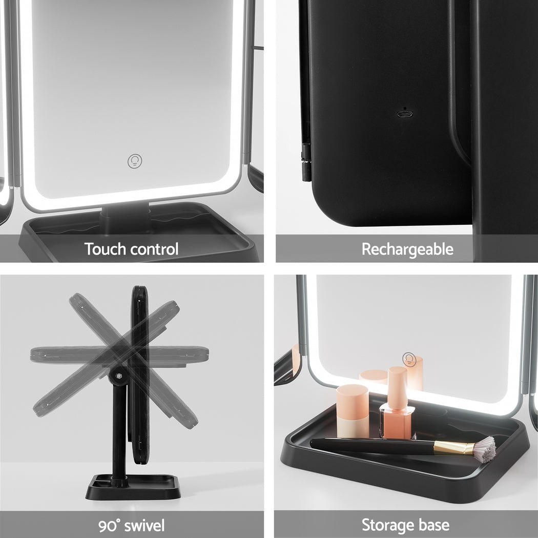 Embellir Black LED Tri-Fold Makeup Mirror 1X 2X 3X Magnification