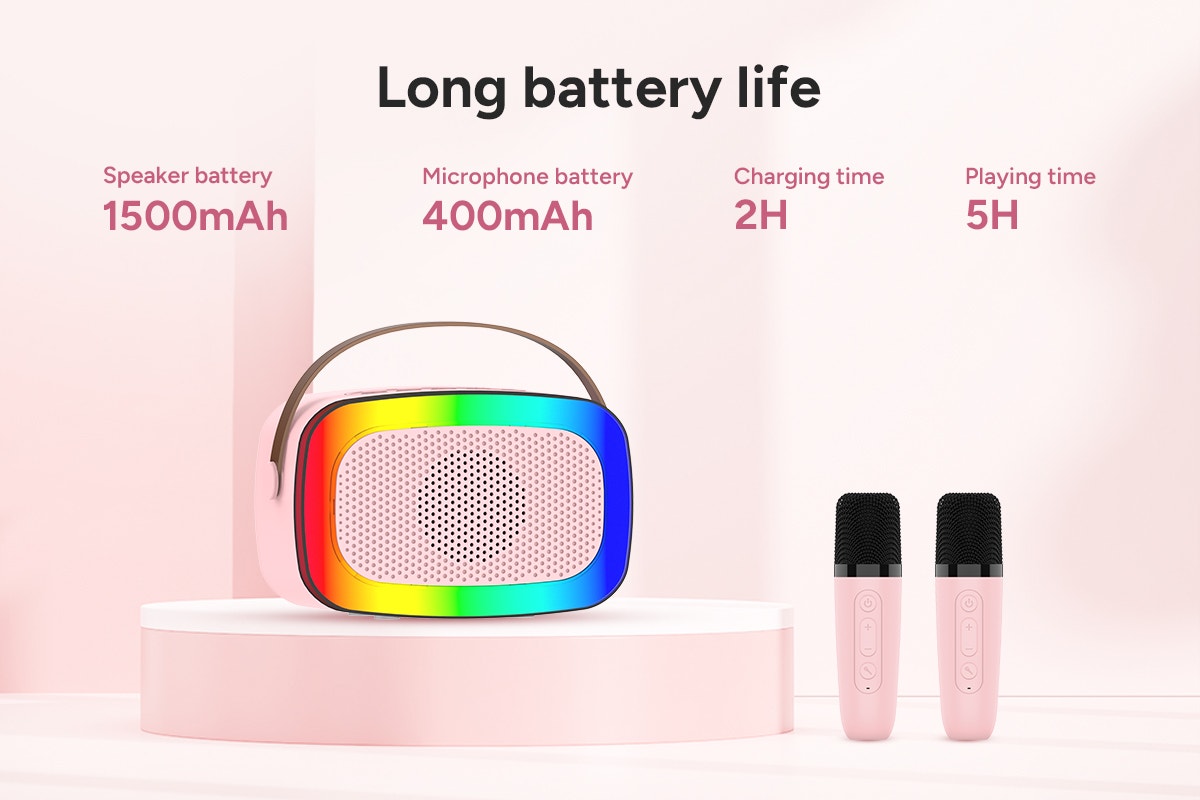 Mini Karaoke Machine with 2 Wireless Microphones (Pink)