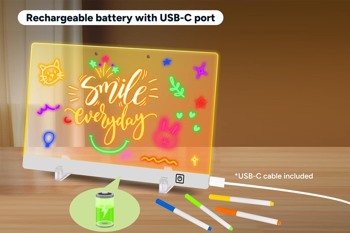 LED Acrylic Drawing Board with 7 Coloured Markers and Stand