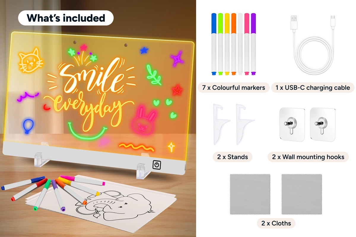 LED Acrylic Drawing Board with 7 Coloured Markers and Stand