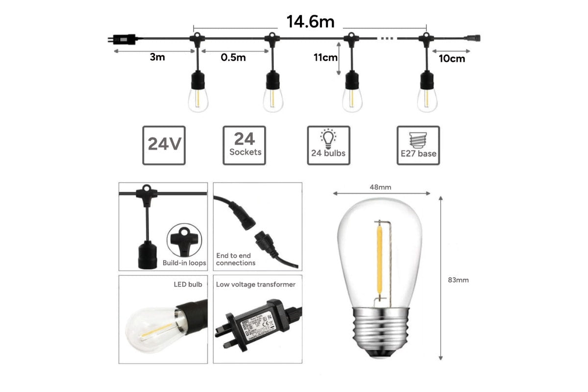 Outdoor 14.6m LED String Lights