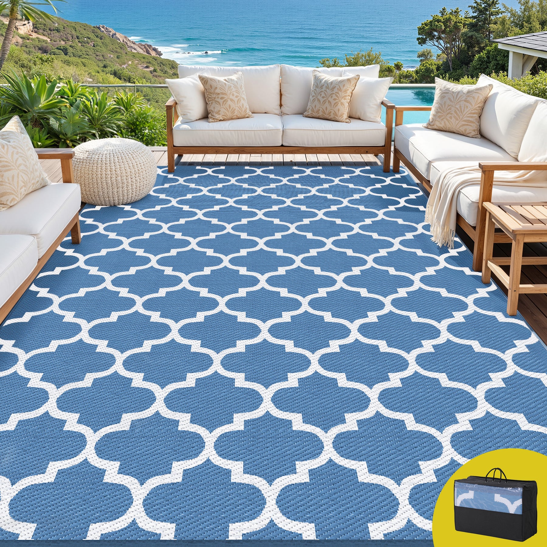 Gardeon Reversible Outdoor Rug – Blue 274 x 366cm with Carry Bag