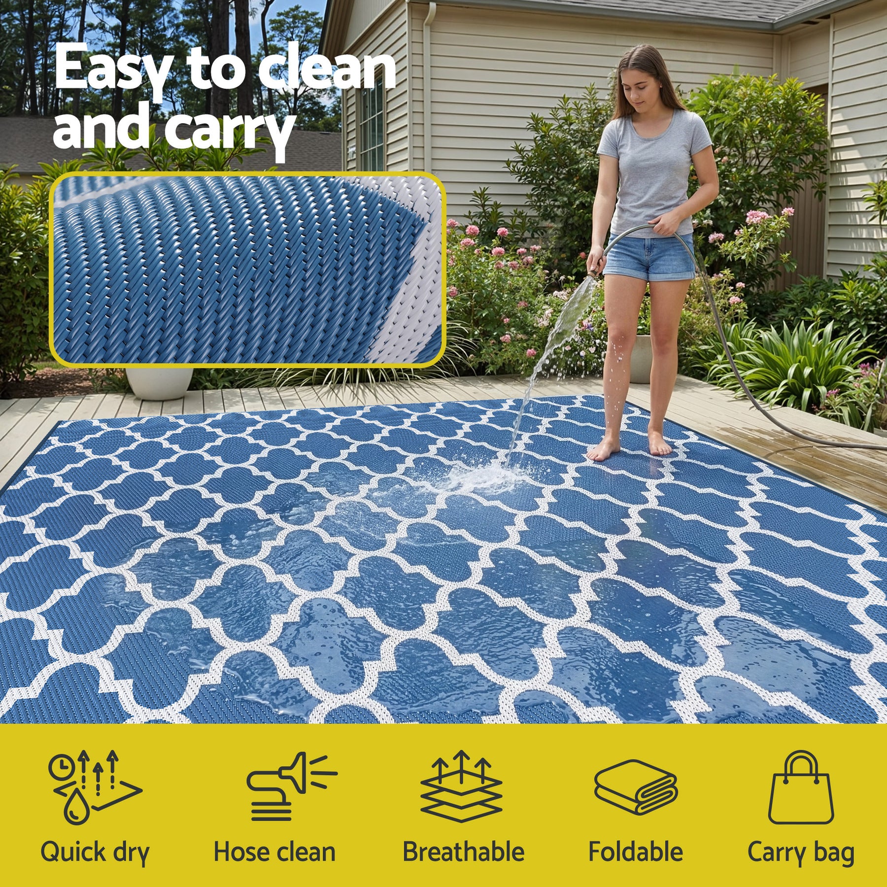 Gardeon Reversible Outdoor Rug – Blue 274 x 366cm with Carry Bag