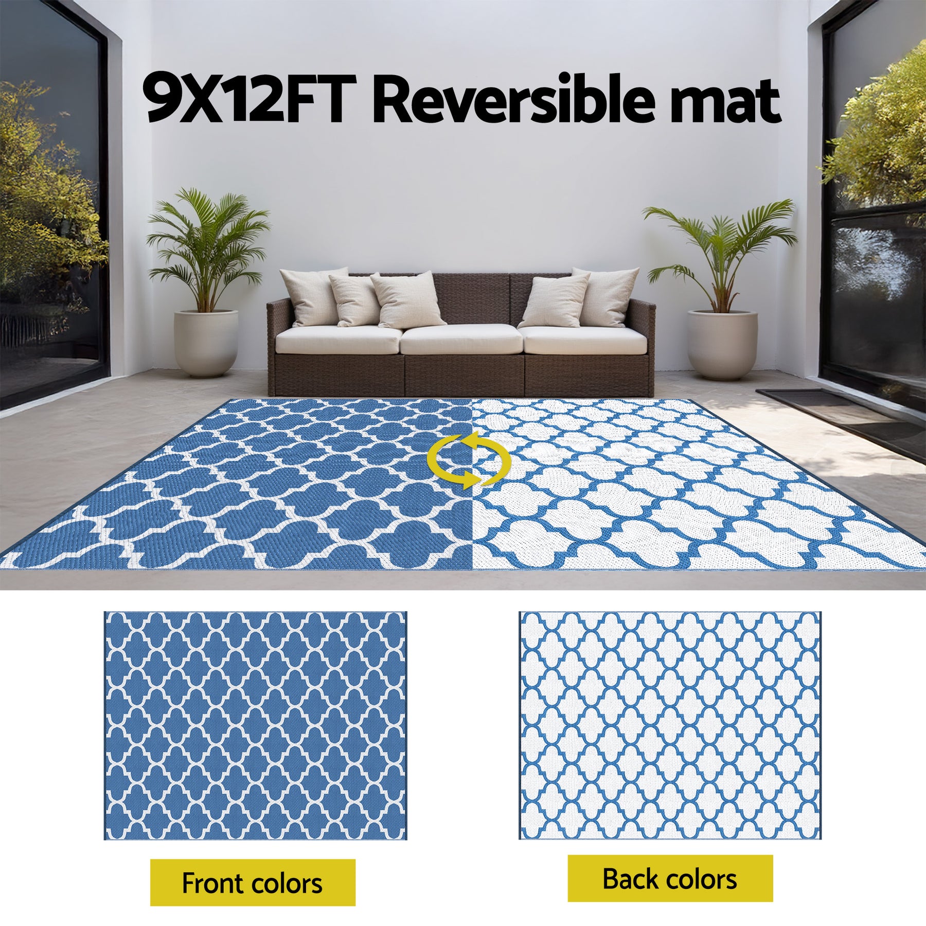 Gardeon Reversible Outdoor Rug – Blue 274 x 366cm with Carry Bag