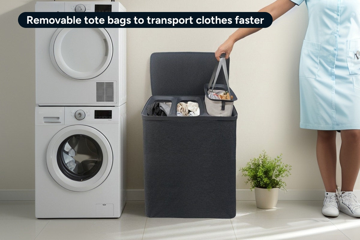 Ovela 120L Laundry Separation Basket with Lid - 3 Sections (Dark Grey)