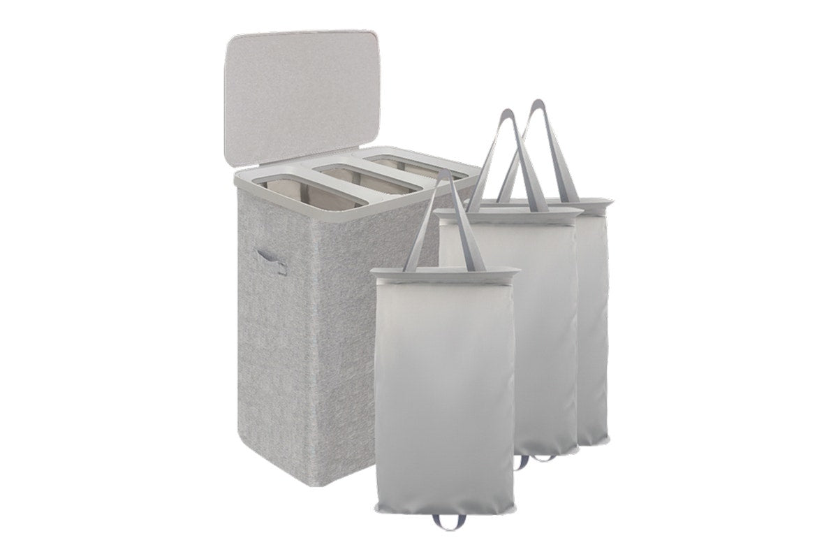 Ovela 120L Laundry Separation Basket with Lid - 3 Sections (Light Grey)