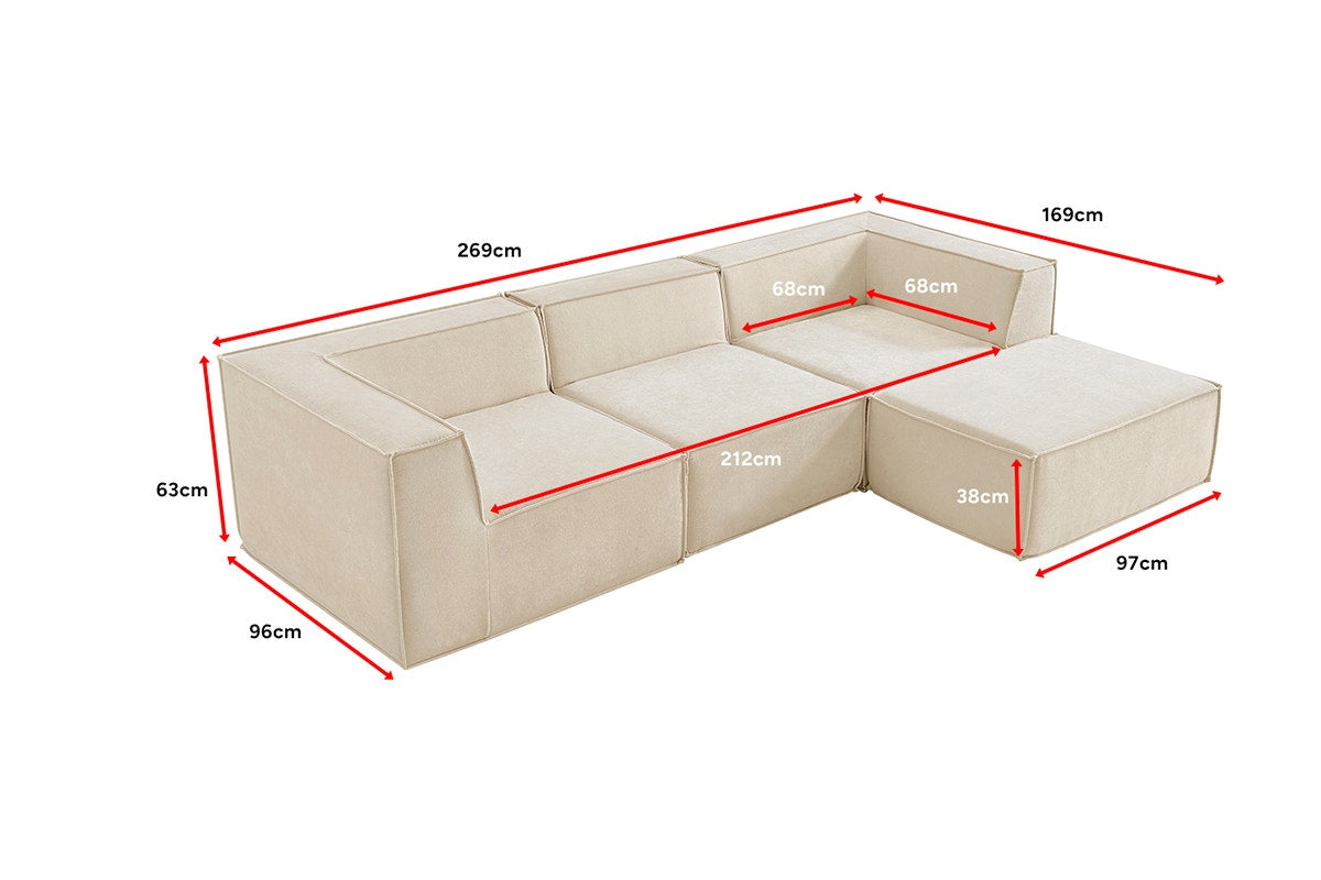 Ovela Softly 3 Seater Modular Sofa with Ottoman (Cream)