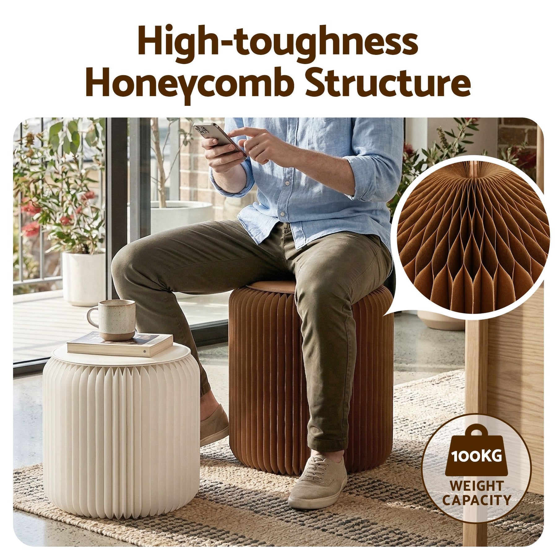 Artiss Accordion Folding Paper Stools Set Includes 2 Cushions Natural Kraft 100KG Capacity - SuperSaverAU - view 8