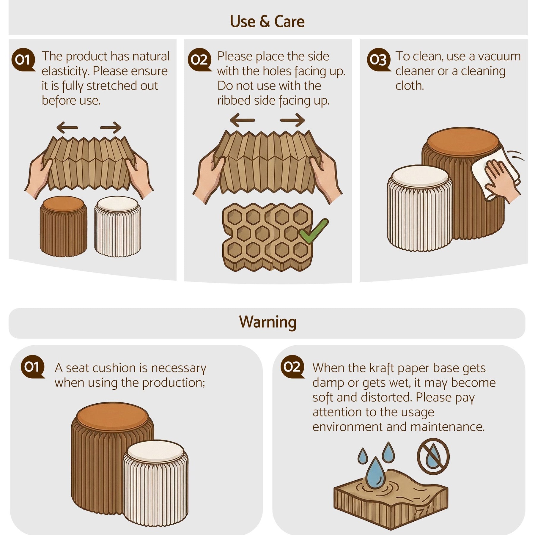 Artiss Accordion Folding Paper Stools Set Includes 2 Cushions Natural Kraft 100KG Capacity - SuperSaverAU - view 10