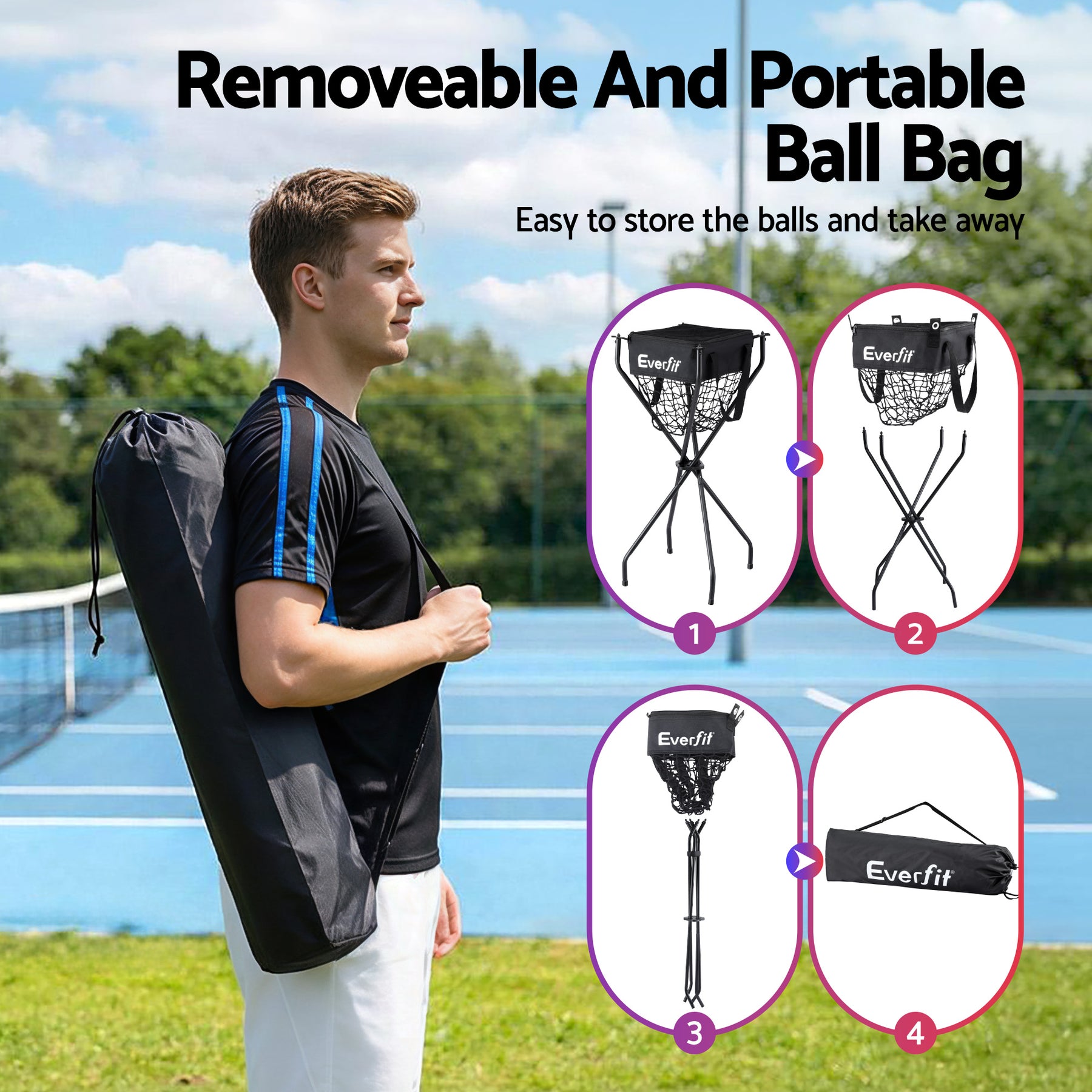 Everfit Portable Ball Cart Foldable Pickleball Tennis Baseball Softball - SuperSaverAU - view 5