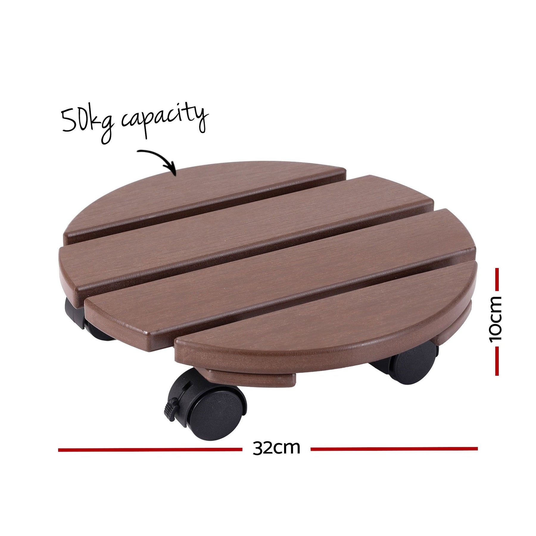 Gardeon 2 Pack Brown HDPE Round Plant Caddy with Lockable Wheels - 32 x 10cm