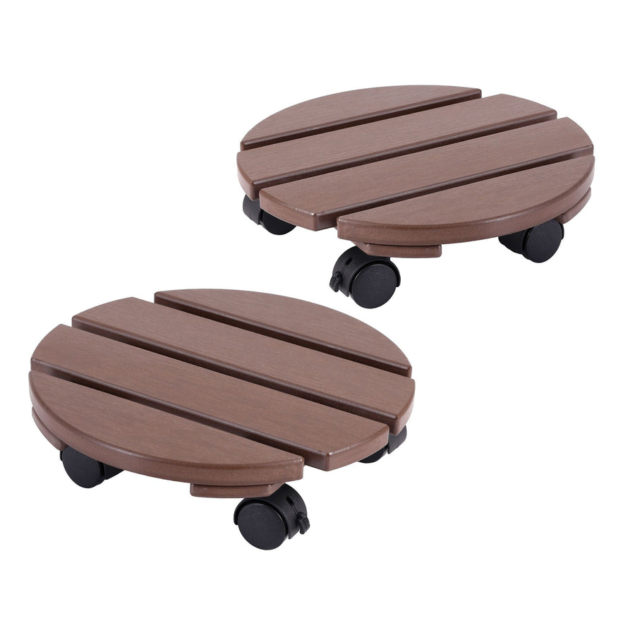 Gardeon 2 Pack Brown HDPE Round Plant Caddy with Lockable Wheels - 32 x 10cm