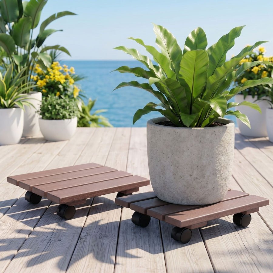 Gardeon 2 Pack Brown HDPE Square Plant Caddy with Lockable Wheels - 32 x 32 x 10cm