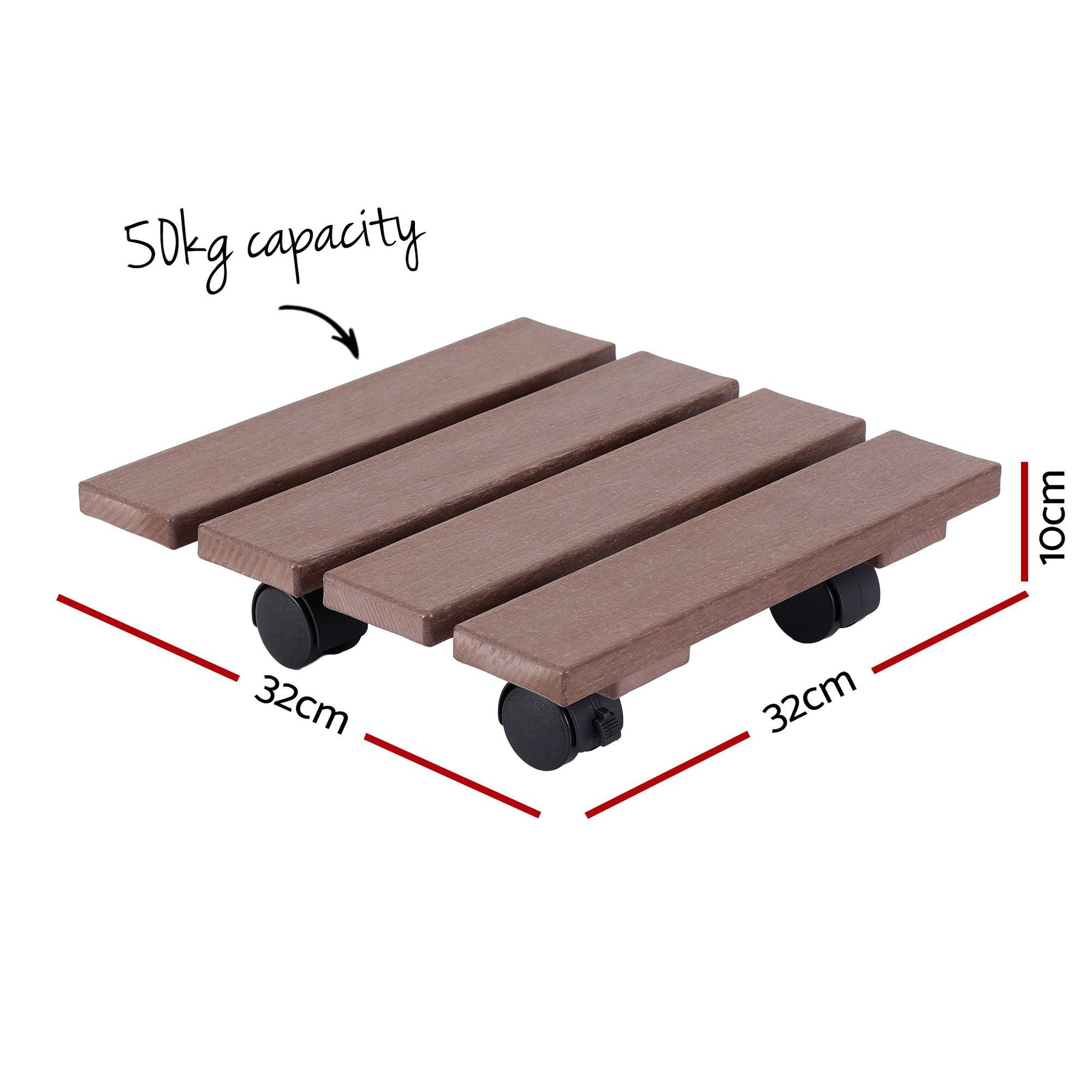 Gardeon 2 Pack Brown HDPE Square Plant Caddy with Lockable Wheels - 32 x 32 x 10cm