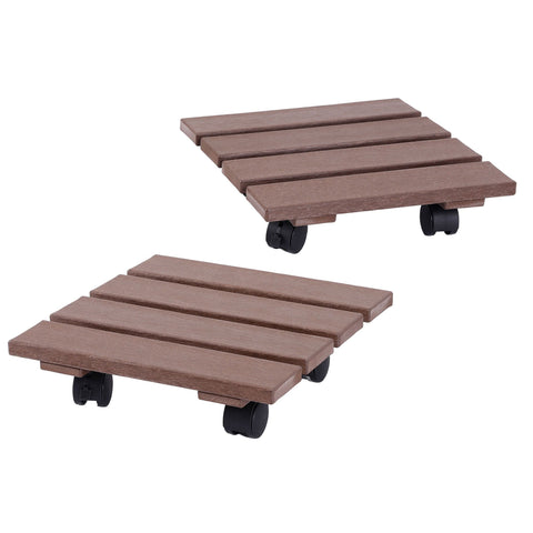 Gardeon 2 Pack Brown HDPE Square Plant Caddy with Lockable Wheels - 32 x 32 x 10cm