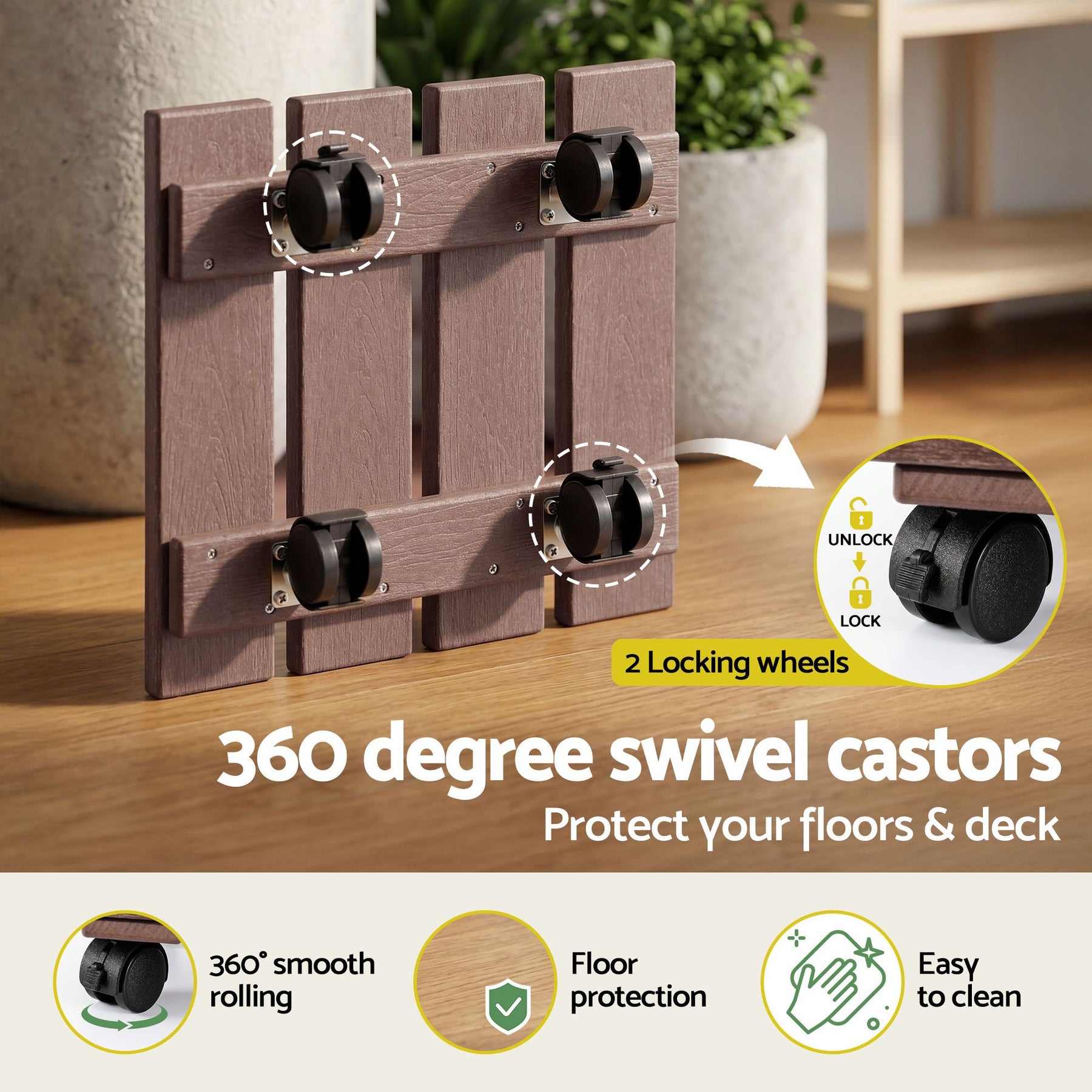 Gardeon 2 Pack Brown HDPE Square Plant Caddy with Lockable Wheels - 32 x 32 x 10cm