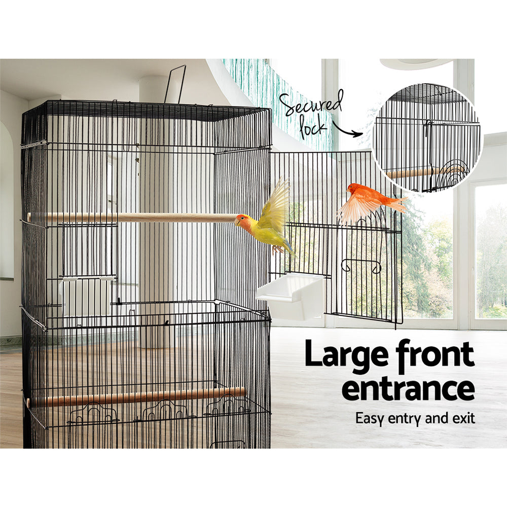 Pet Bird Cage 88cm Black Wrought Iron with Perches & Feeders