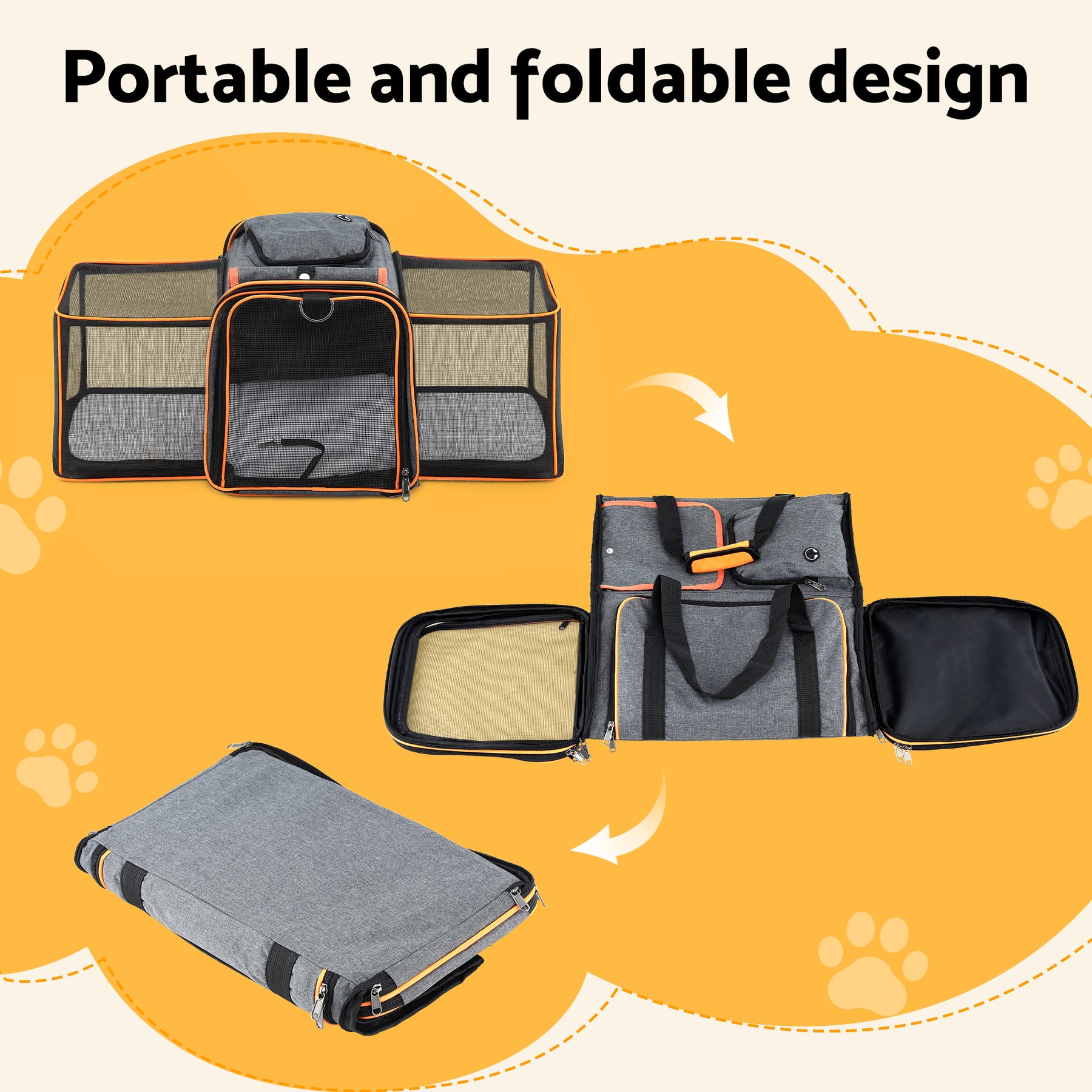 i.Pet Foldable Expandable Pet Carrier Bag - Grey & Orange
