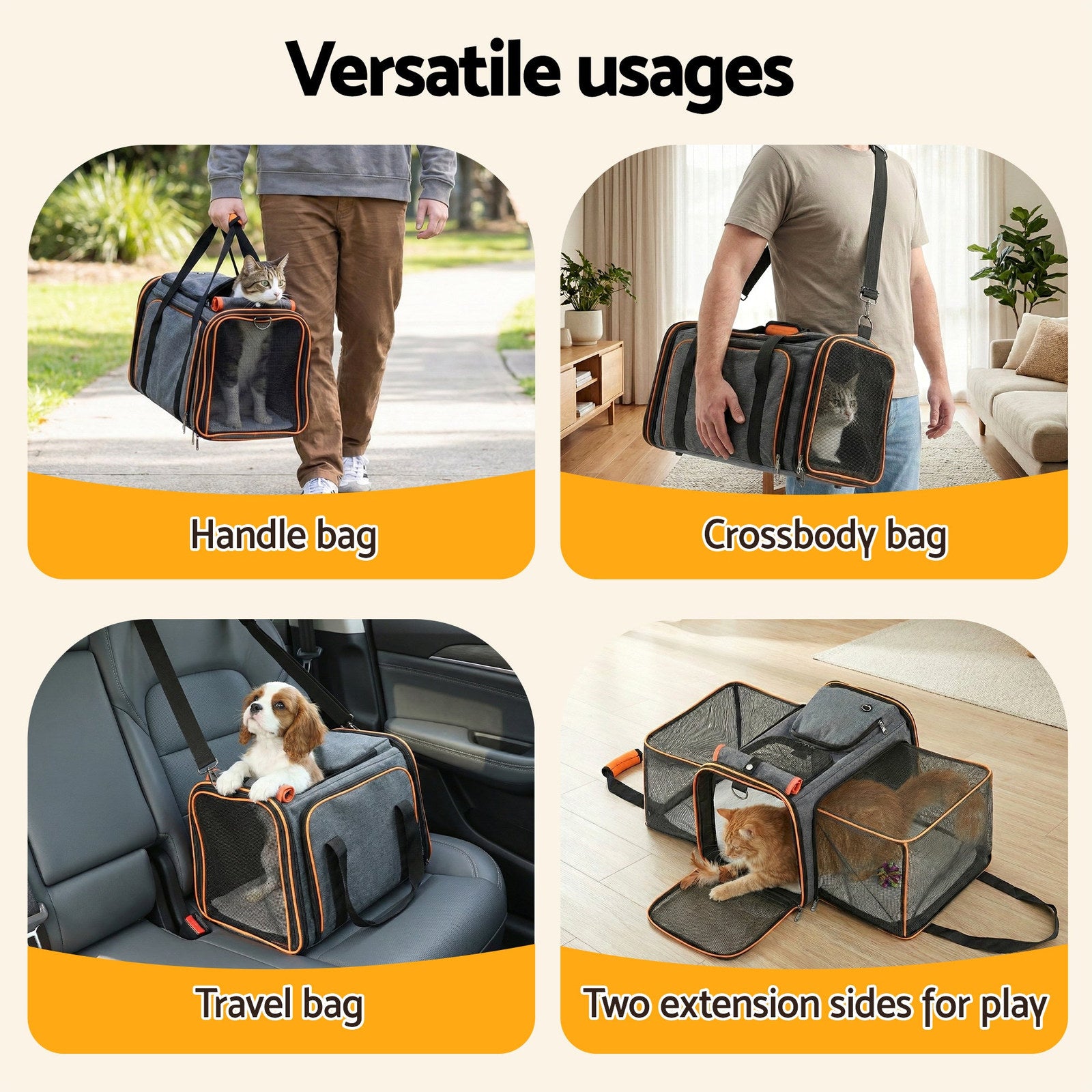 i.Pet Foldable Expandable Pet Carrier Bag - Grey & Orange