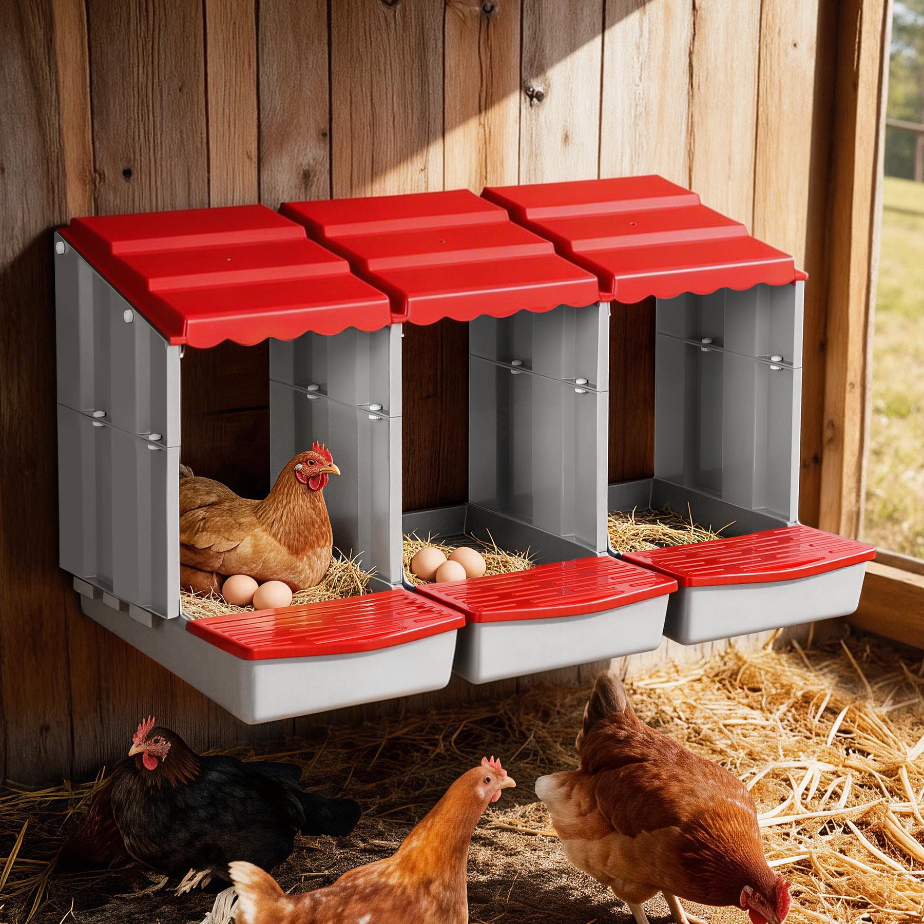 i.Pet Chicken Nesting Box 3 Hole Roll Away Egg Hutch - Red