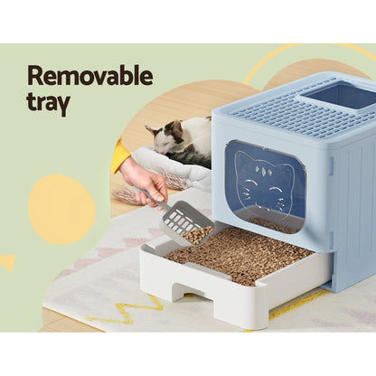 i.Pet Enclosed Cat Litter Box Large Tray Foldable with Scoop Blue
