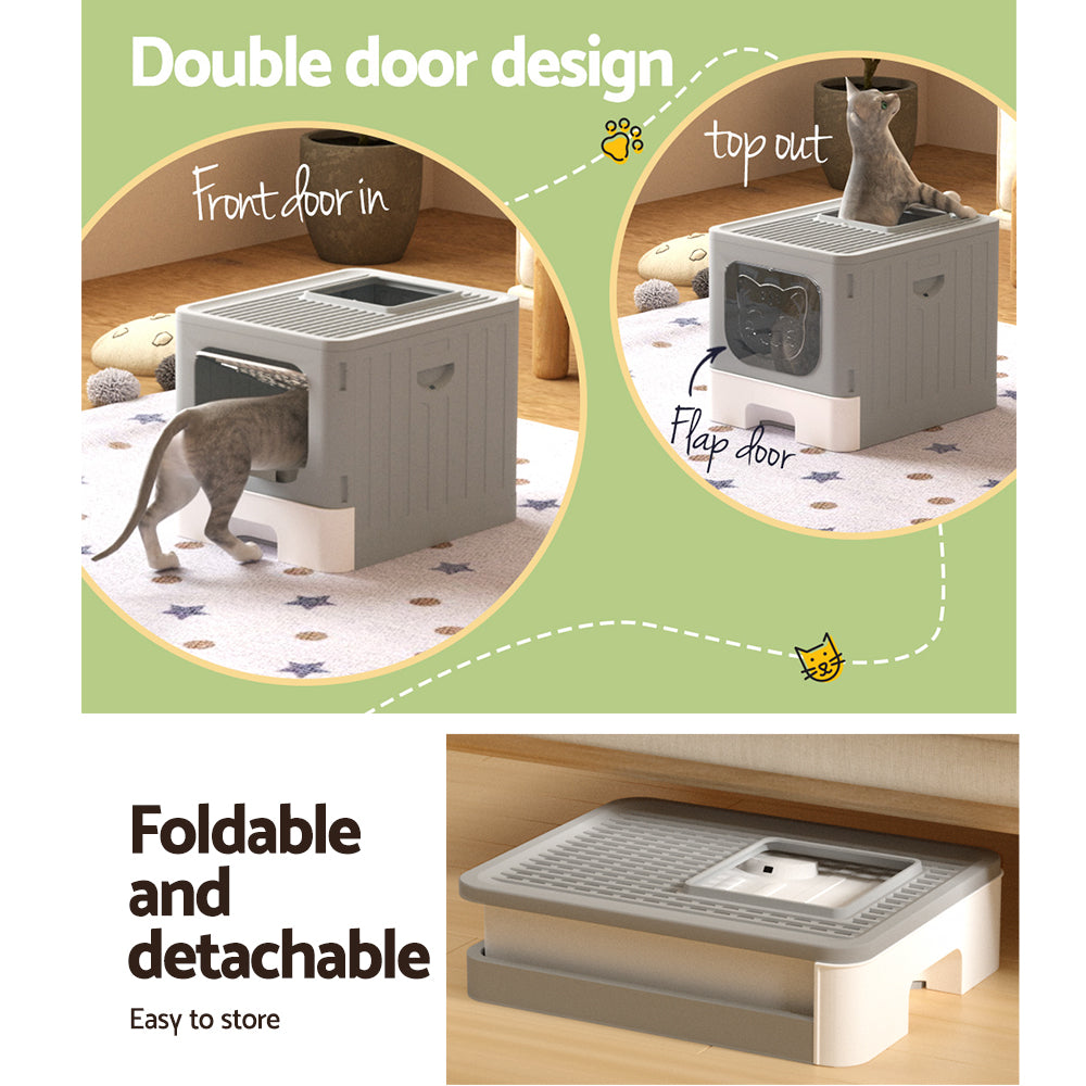 i.Pet Enclosed Cat Litter Box Large Tray Foldable with Scoop Grey - SuperSaverAU - view 4