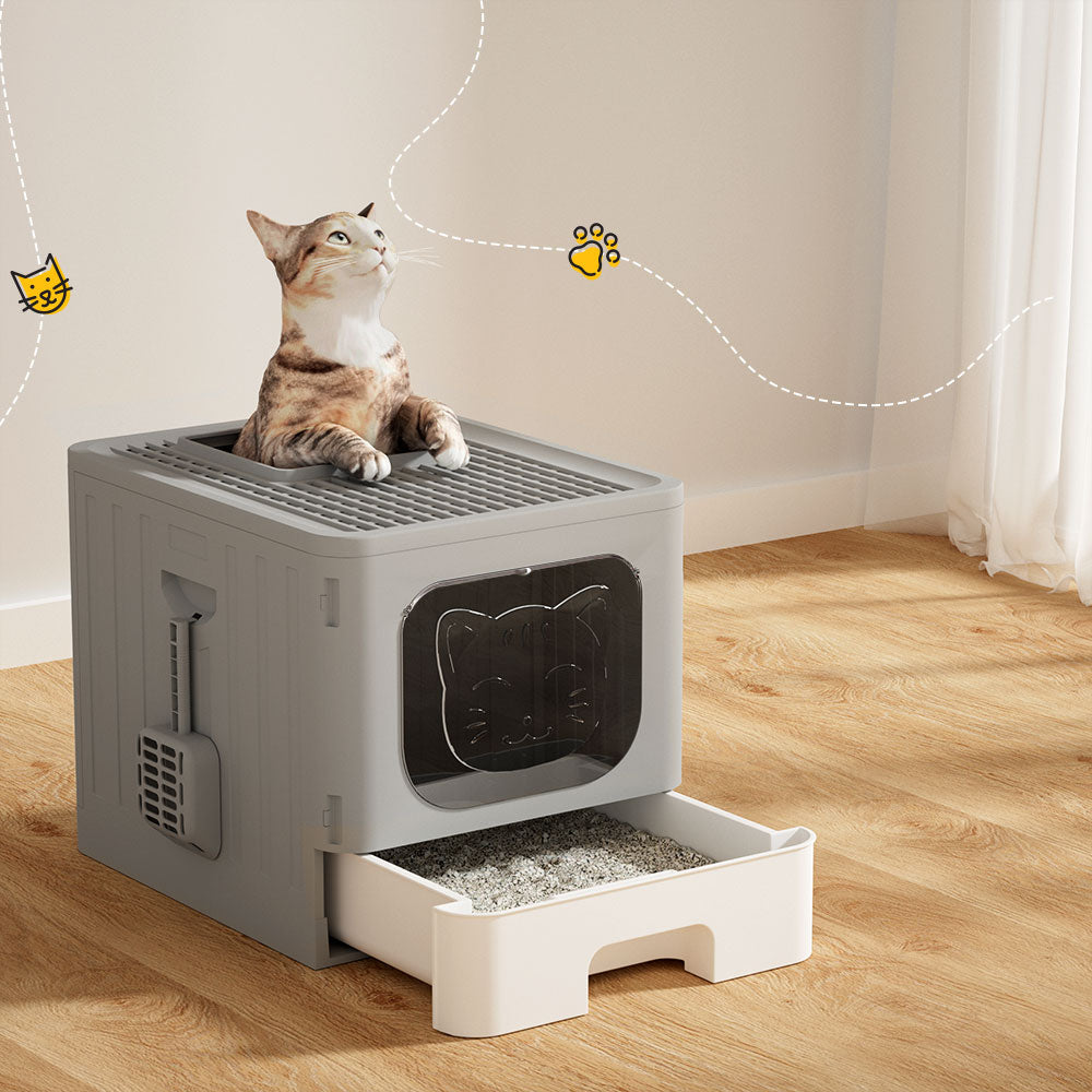 i.Pet Enclosed Cat Litter Box Large Tray Foldable with Scoop Grey - SuperSaverAU - view 7