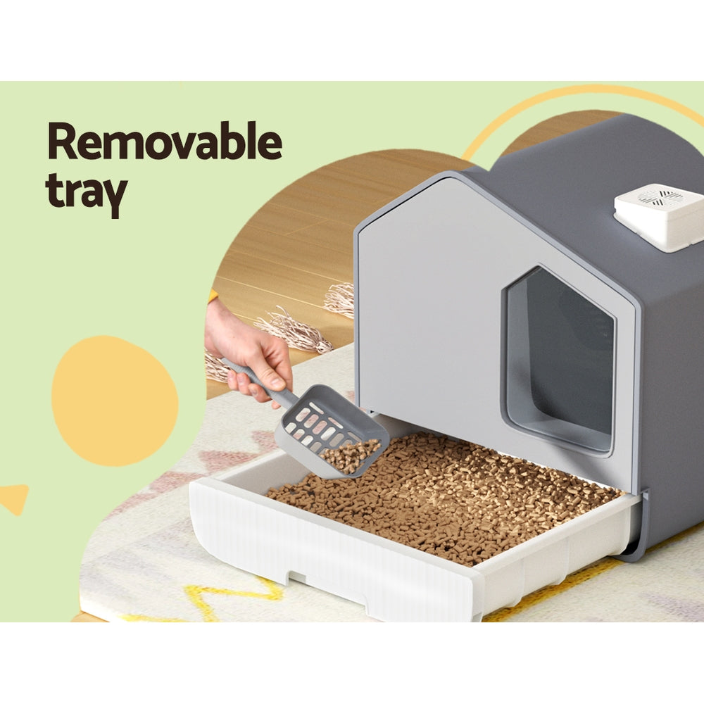 i.Pet Cat Litter Box Large Tray Enclosed Hooded with Scoop & Mat Grey