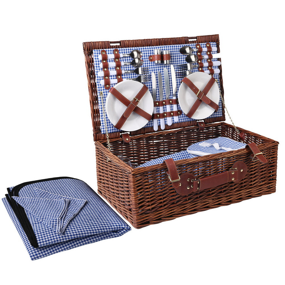 Alfresco 4 Person Picnic Basket Set with Insulated Cooler & Blanket 54x34x20cm